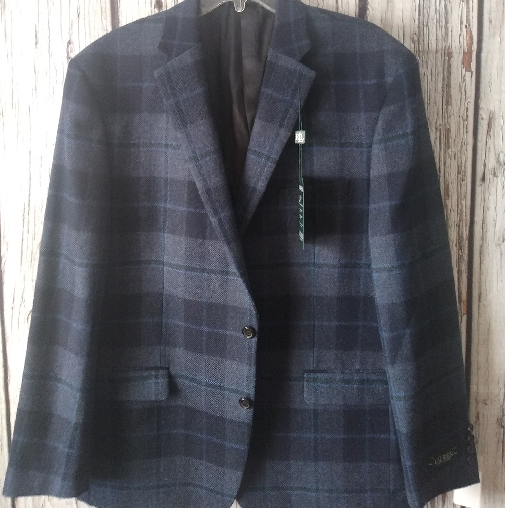 Lauren Ralph Lauren Ultra Flex Blue & Brown Plaid 100% Wool 2 Button Blazer NWT!